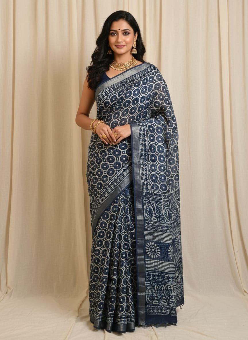 Hand Block Printed Linen Saree with Blouse